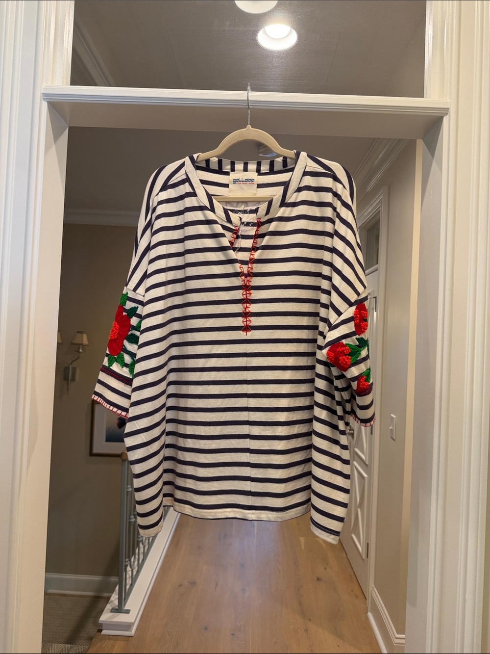 Gallabria striped Embroidered Floral Tunic - Navy & White with Red Flowers